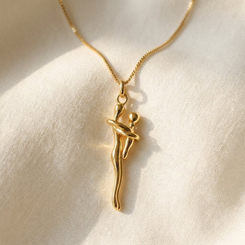 All gold hug necklace on ivory linen