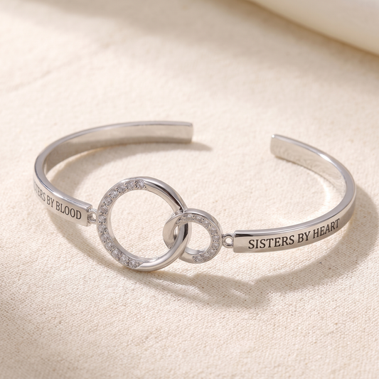 The engraved bangle in silver, not sisters by blood, sisters by heart