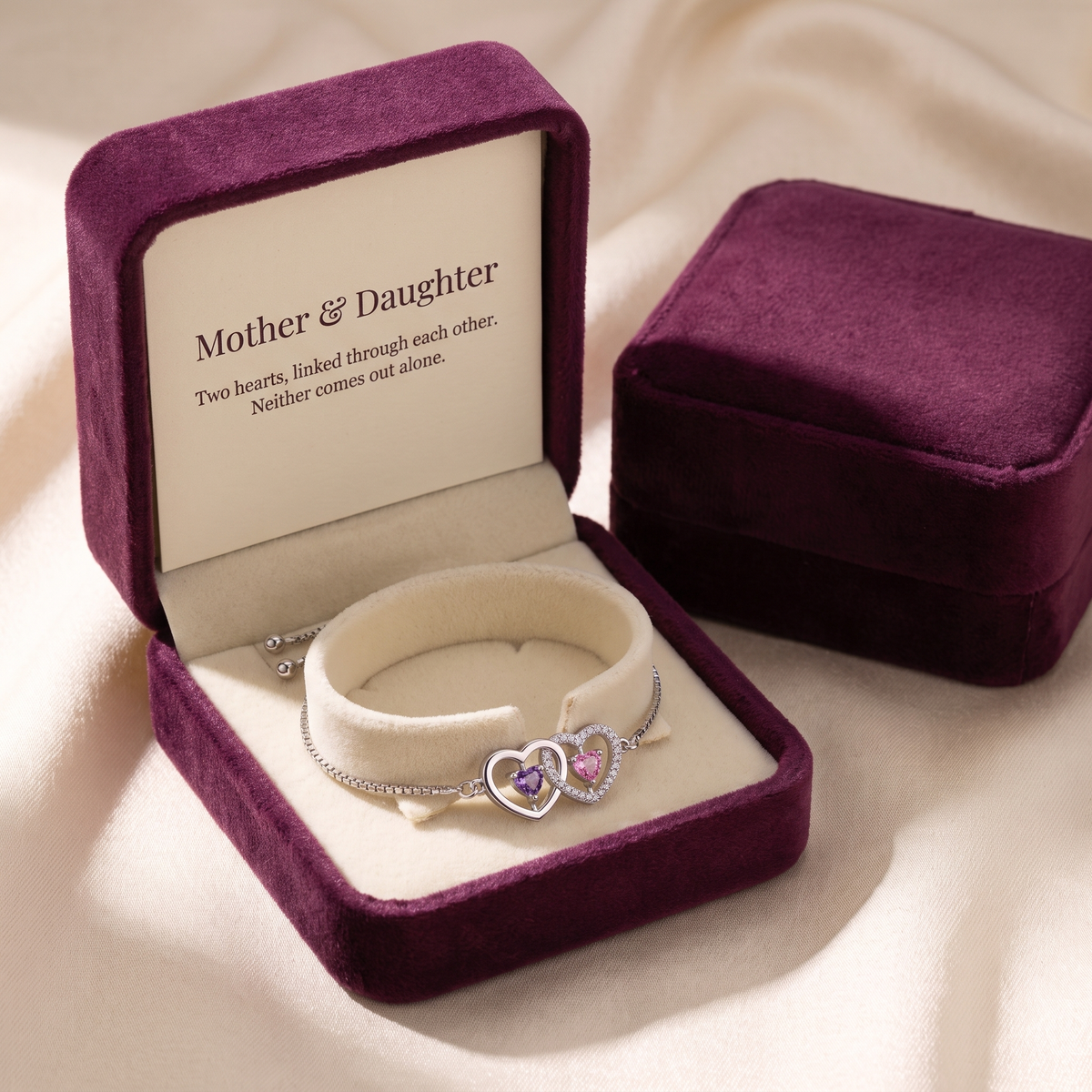 The bracelet in its gift box with the keepsake card