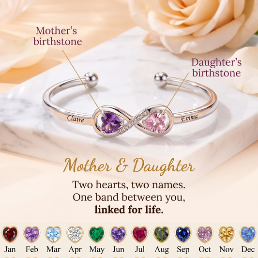 Forever Linked — Engraved Double Heart Birthstone Cuff