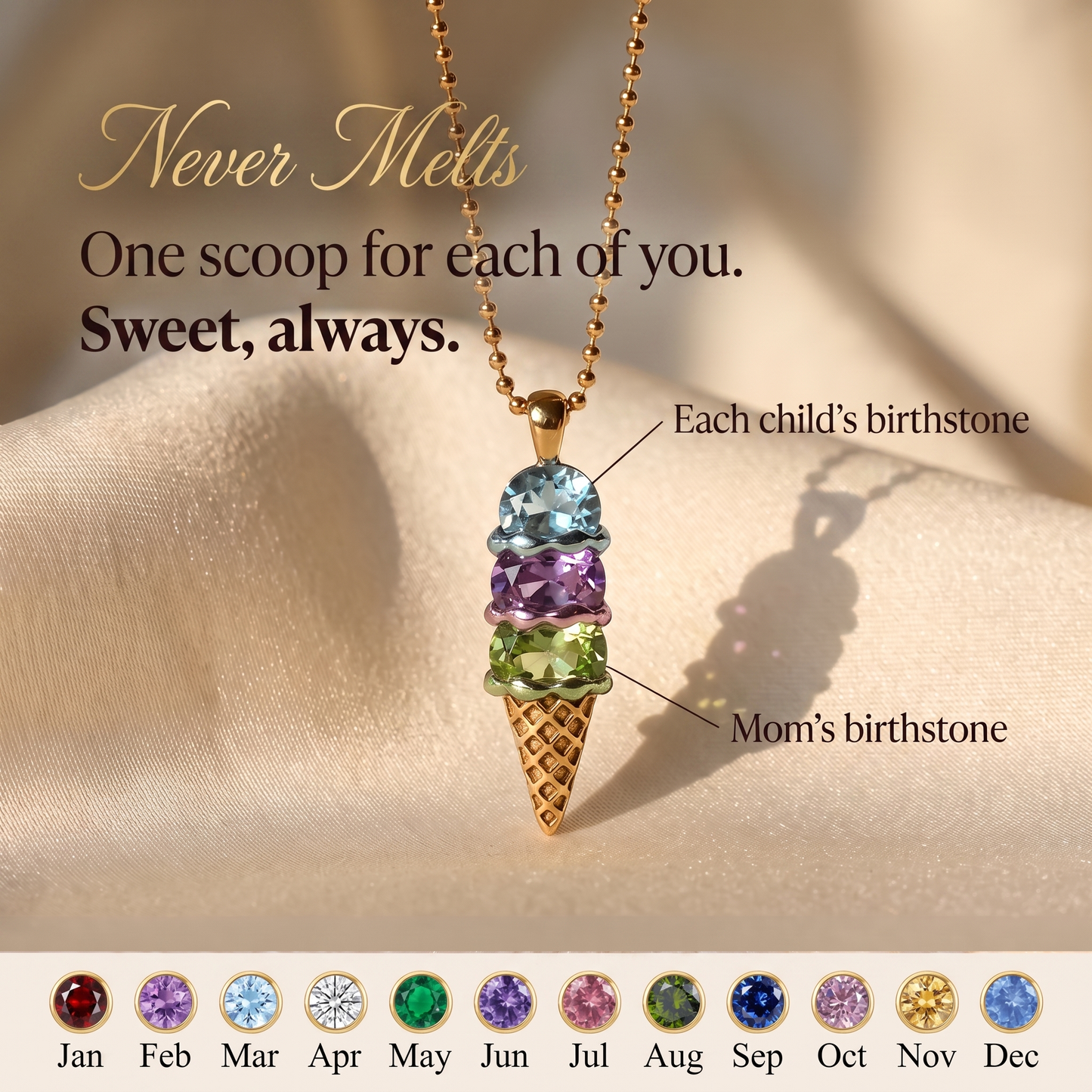 Never Melts — Mother's Ice Cream Birthstone Necklace