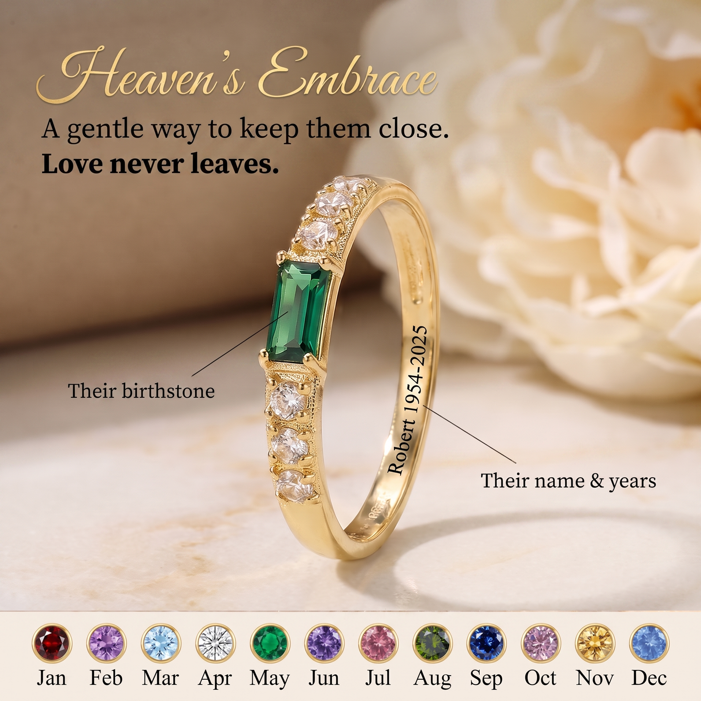 Heaven's Embrace — Emerald Cut Memorial Birthstone Ring