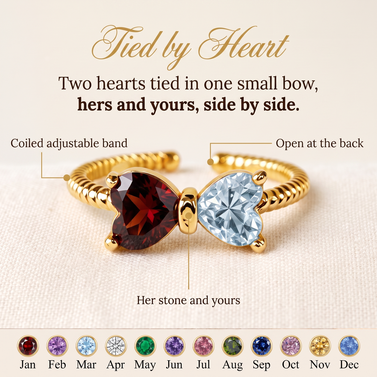 Tied by Heart — Mother & Daughter Birthstone Bow Ring