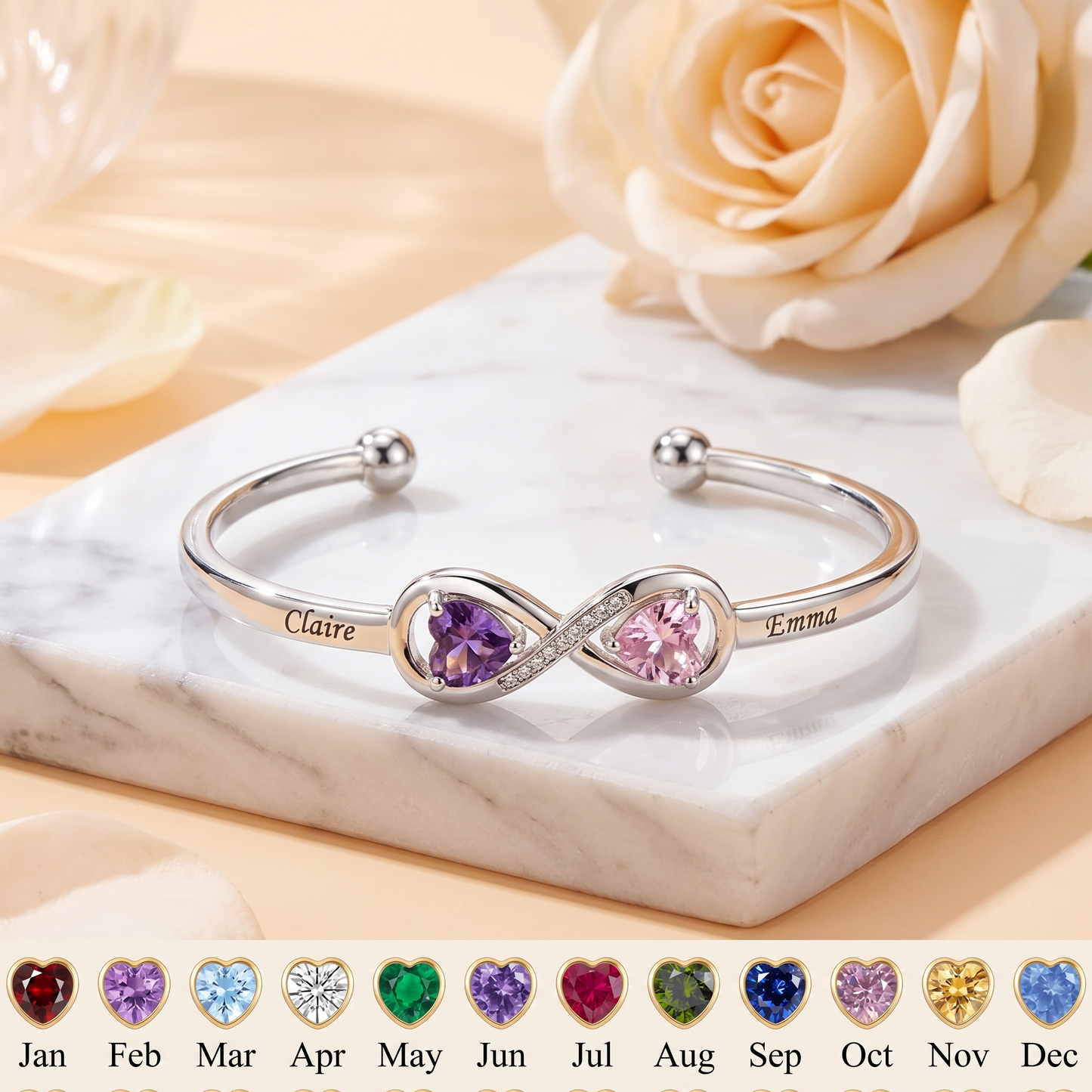 Forever Linked — Engraved Double Heart Birthstone Cuff