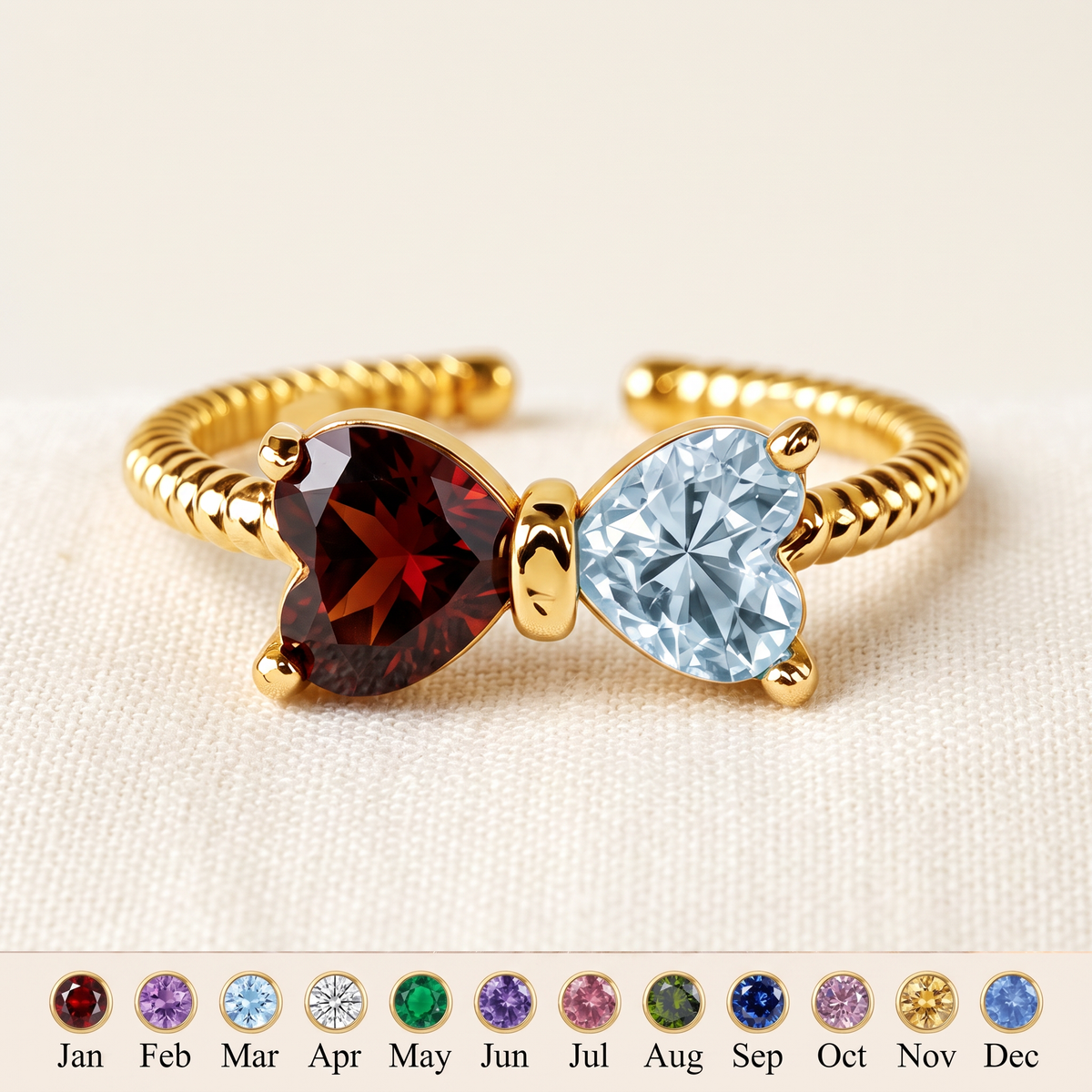 Tied by Heart — Mother & Daughter Birthstone Bow Ring