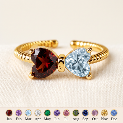 Tied by Heart — Mother & Daughter Birthstone Bow Ring