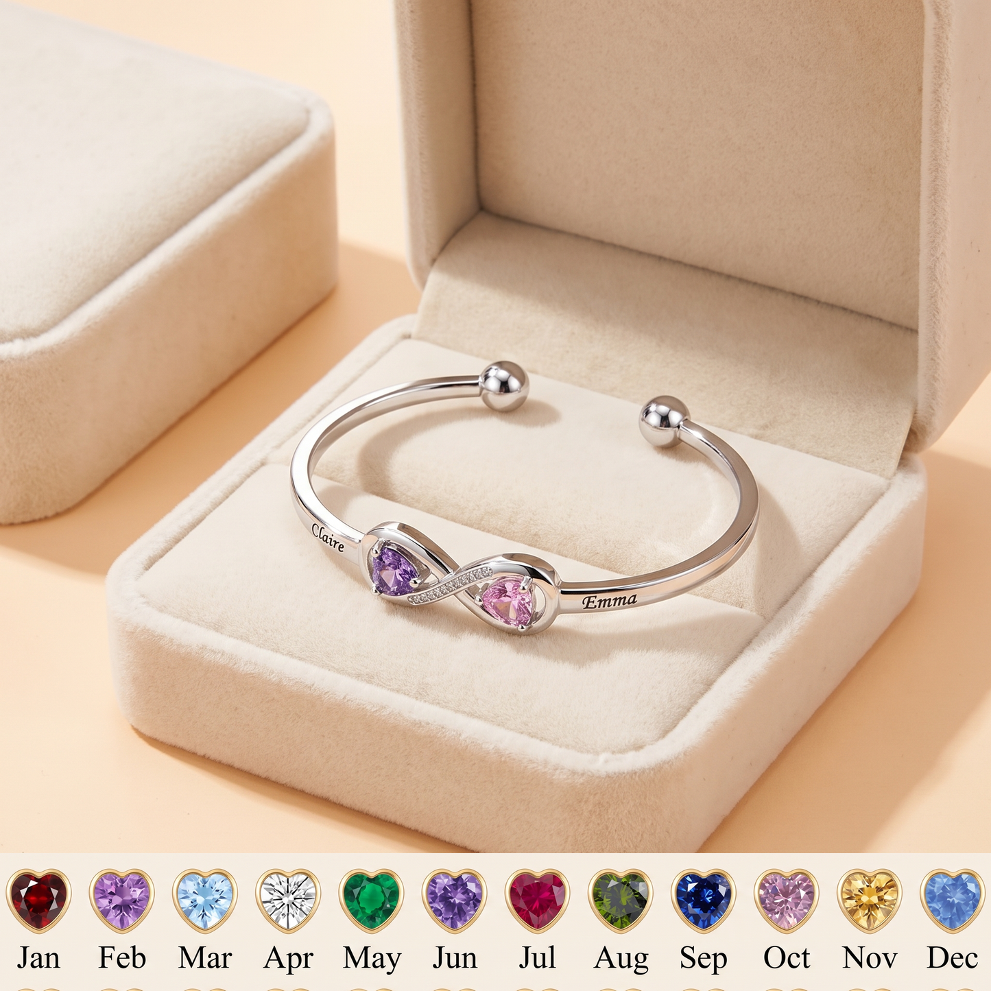 Forever Linked — Engraved Double Heart Birthstone Cuff