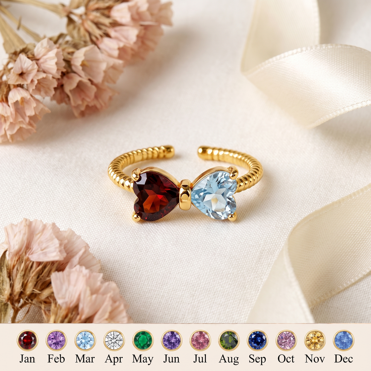 Tied by Heart — Mother & Daughter Birthstone Bow Ring