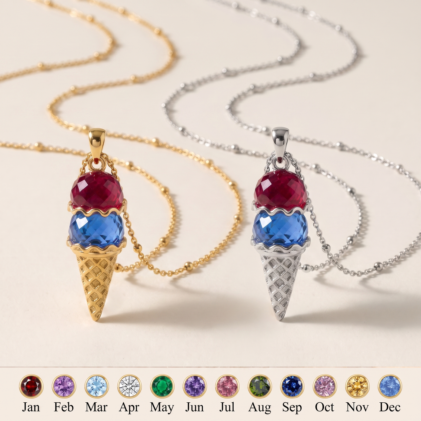Sweeter Together — Couples Ice Cream Birthstone Necklace