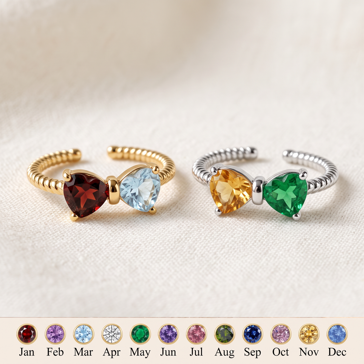 Tied by Heart — Mother & Daughter Birthstone Bow Ring