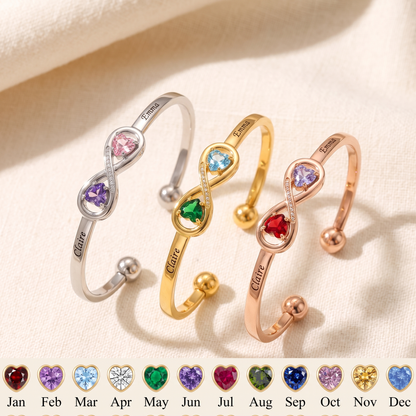 Forever Linked — Engraved Double Heart Birthstone Cuff