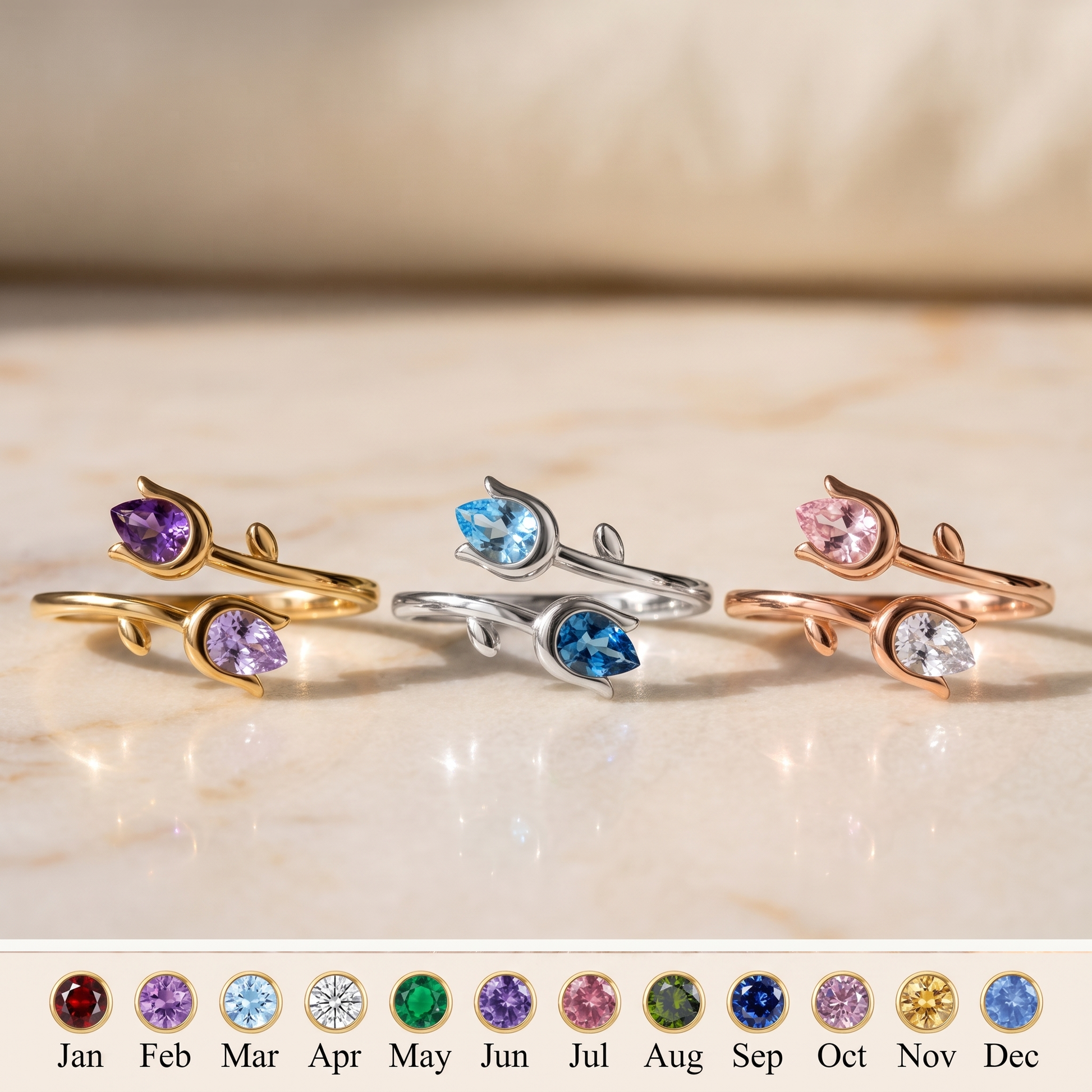 Two Tulips — Mother & Daughter Birthstone Ring