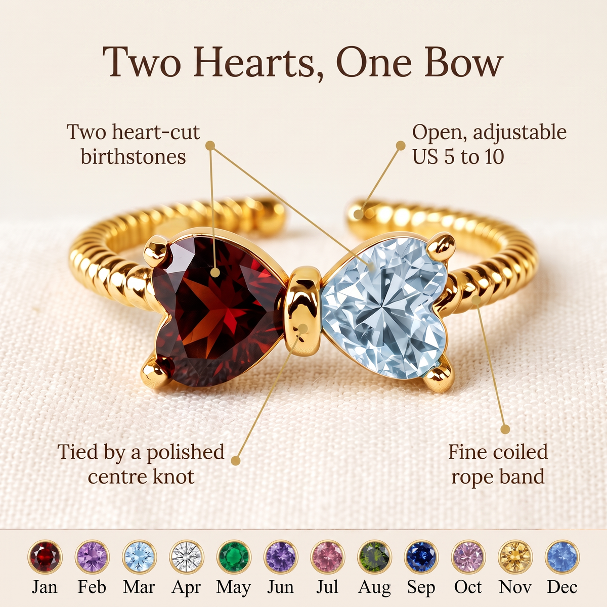 Tied by Heart — Mother & Daughter Birthstone Bow Ring