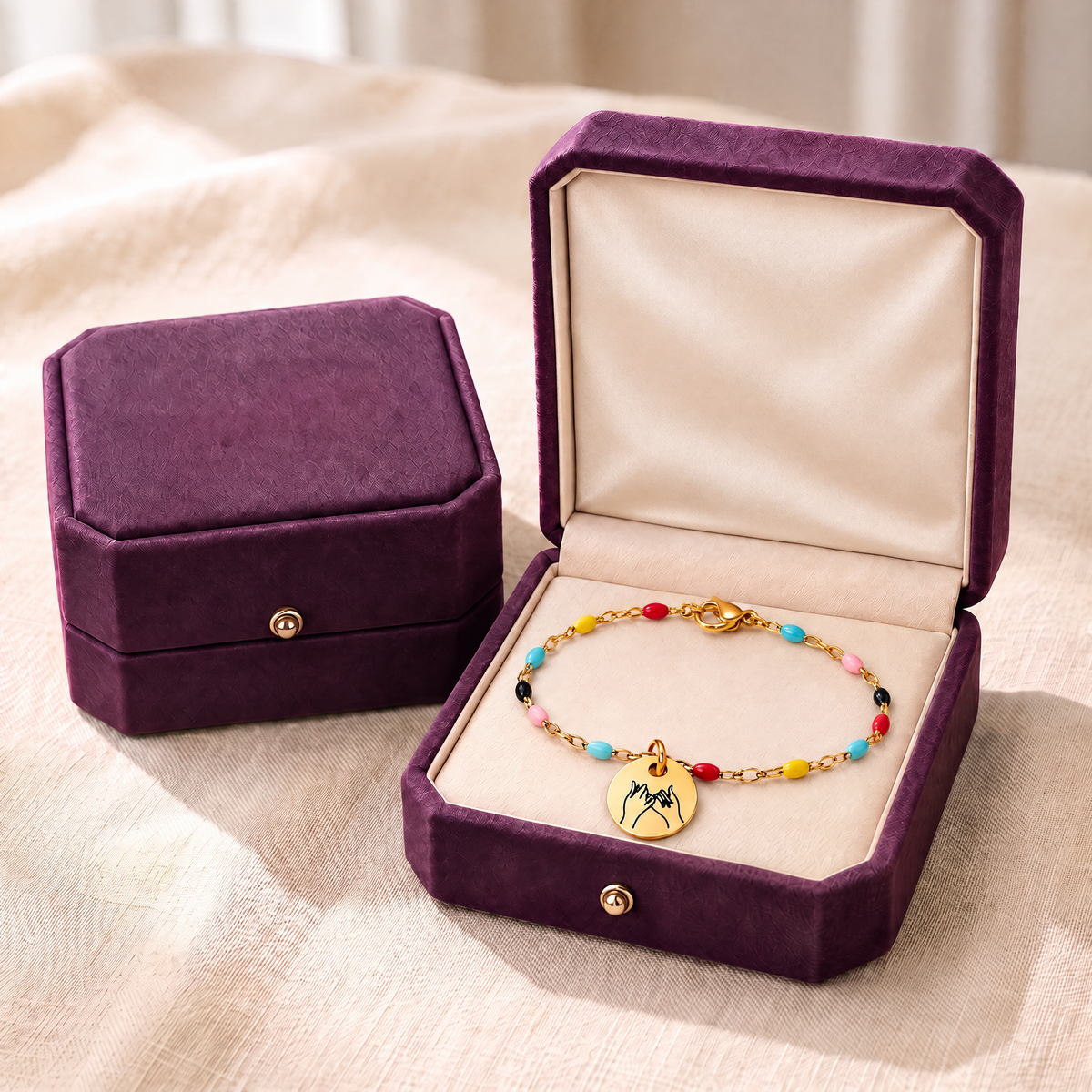 Multicolor bracelet in its plum velvet gift box
