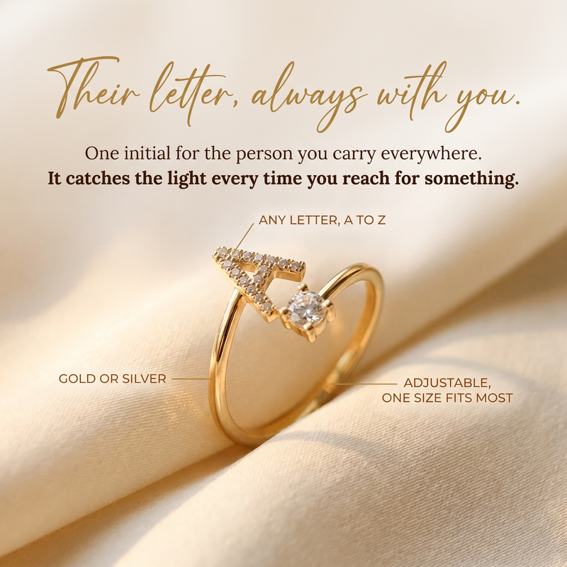 Gold open initial ring with a paved letter A, the words Their letter always with you and three feature labels
