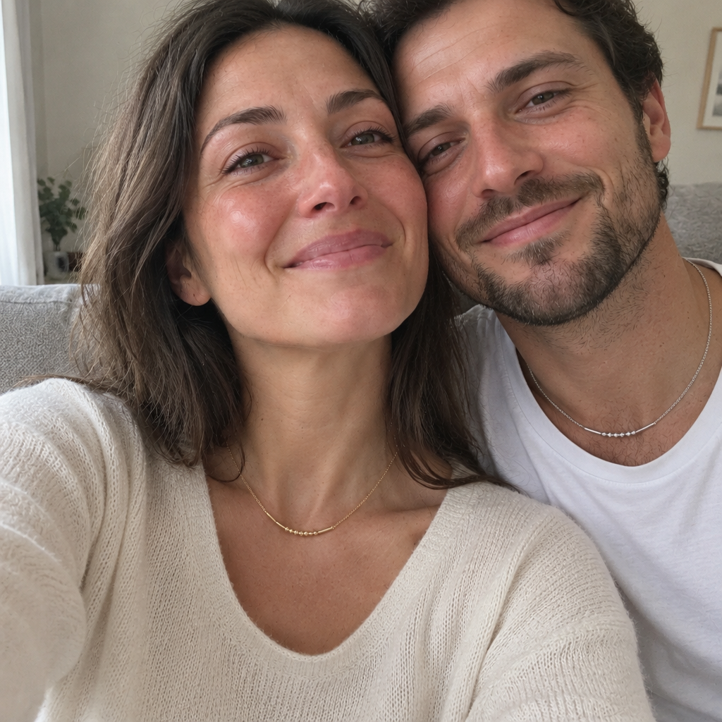 A couple selfie on the sofa, the gold Morse code necklace on her and the silver one on him