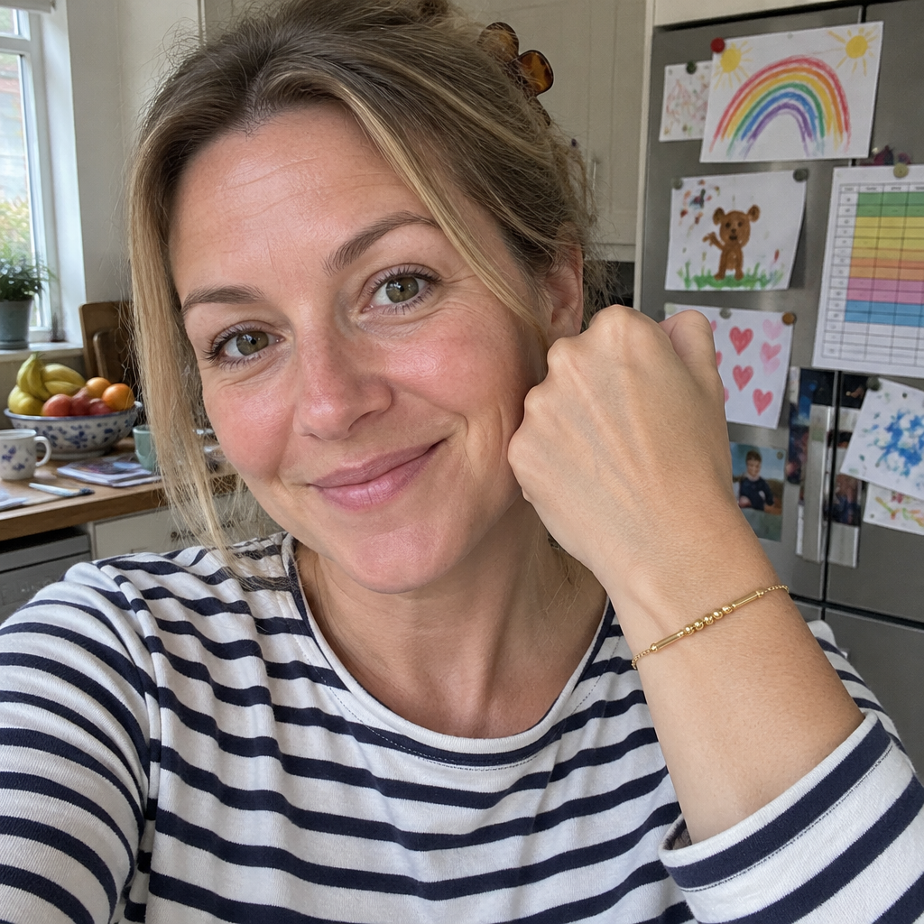 A mum in her kitchen showing the gold Morse code bracelet
