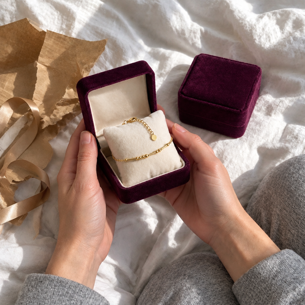 Opening the plum velvet gift box with the gold Morse code bracelet