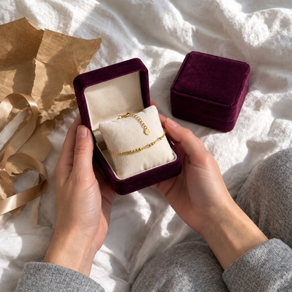 Opening the plum velvet gift box with the gold Morse code bracelet