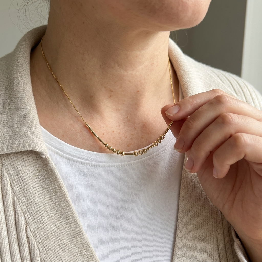 The gold Morse code necklace worn, a hand lifting the chain beside the beads