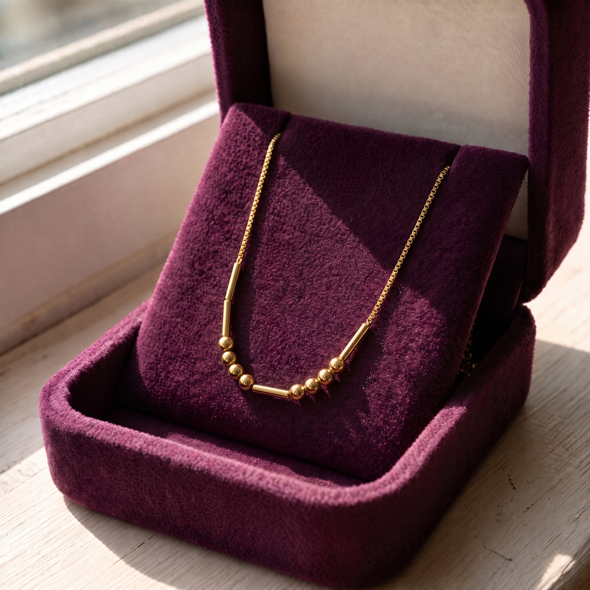 The gold Morse code necklace in a plum velvet gift box