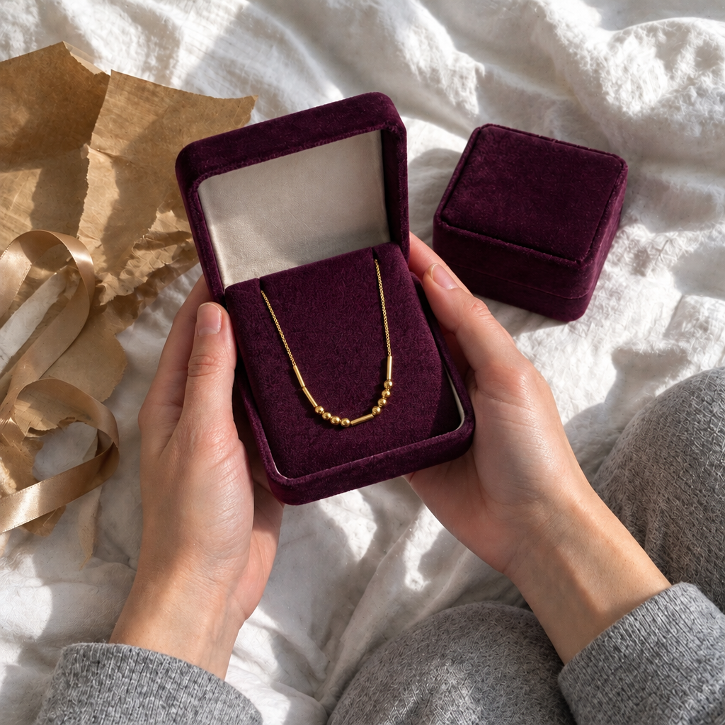 Unboxing the gold Morse code necklace in its plum velvet gift box