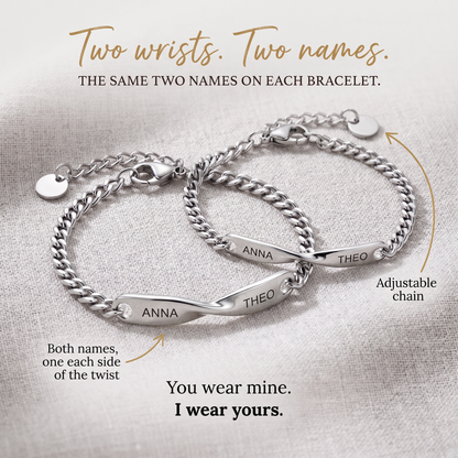 Two matching silver steel bracelets with a twisted bar, both names engraved on each, on grey linen