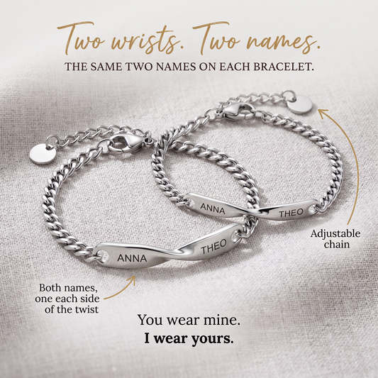Two matching silver steel bracelets with a twisted bar, both names engraved on each, on grey linen