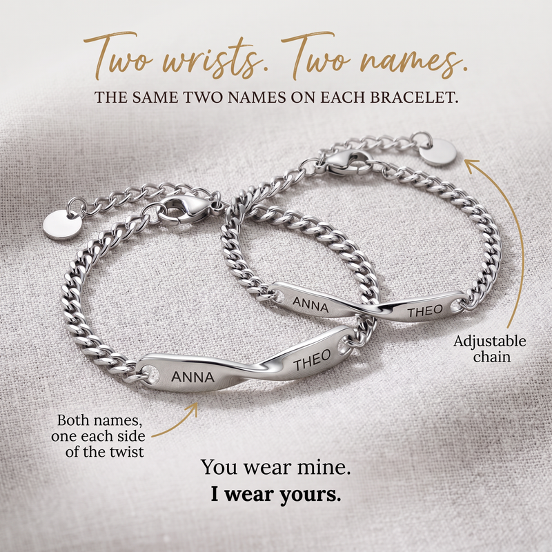 Two matching silver steel bracelets with a twisted bar, both names engraved on each, on grey linen