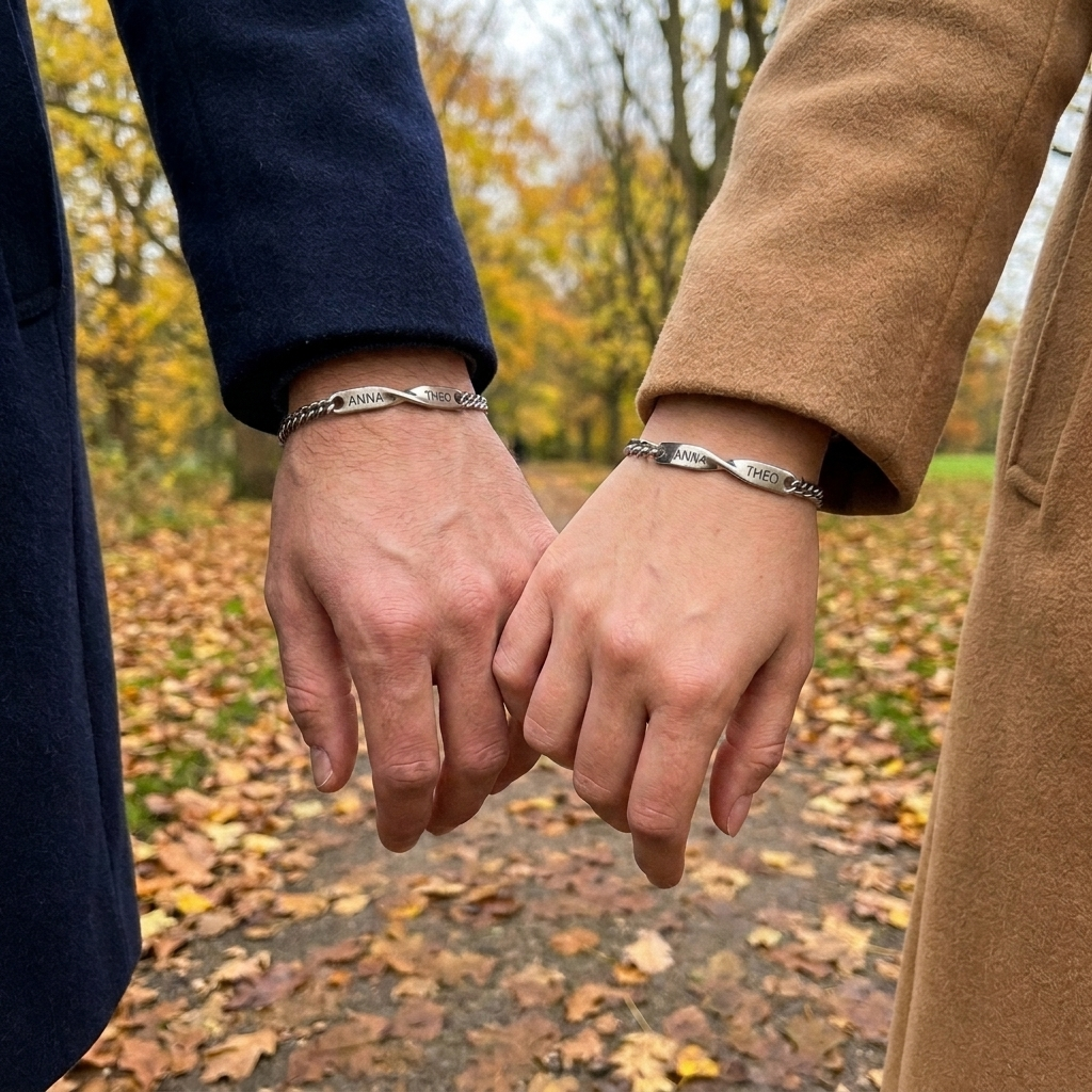 Two hands hooked together on an autumn path, each wrist wearing a matching name bracelet