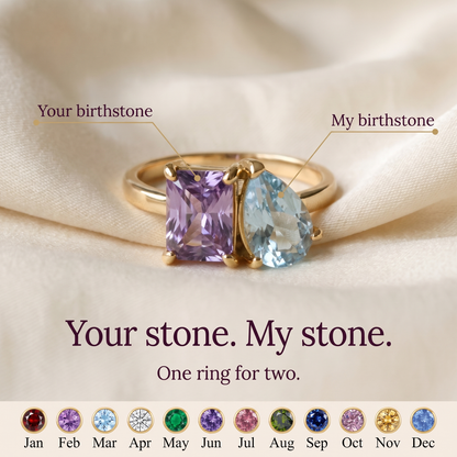 Gold ring with a purple rectangular birthstone and a light blue pear-shaped birthstone side by side, headline Your stone. My stone.