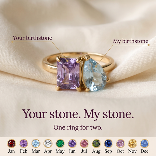 Gold ring with a purple rectangular birthstone and a light blue pear-shaped birthstone side by side, headline Your stone. My stone.