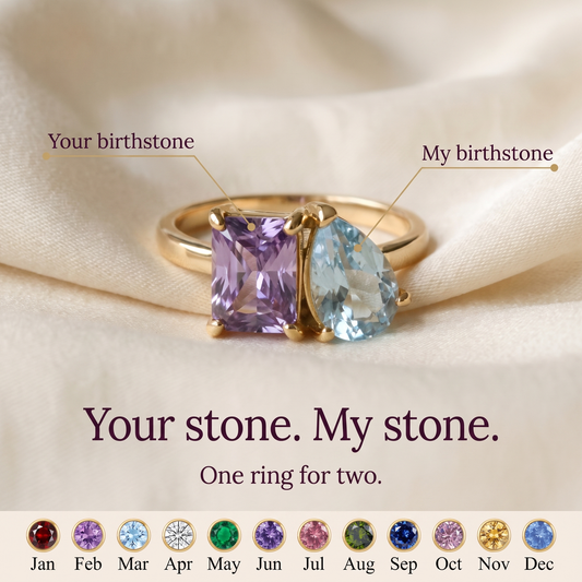 Gold ring with a purple rectangular birthstone and a light blue pear-shaped birthstone side by side, headline Your stone. My stone.