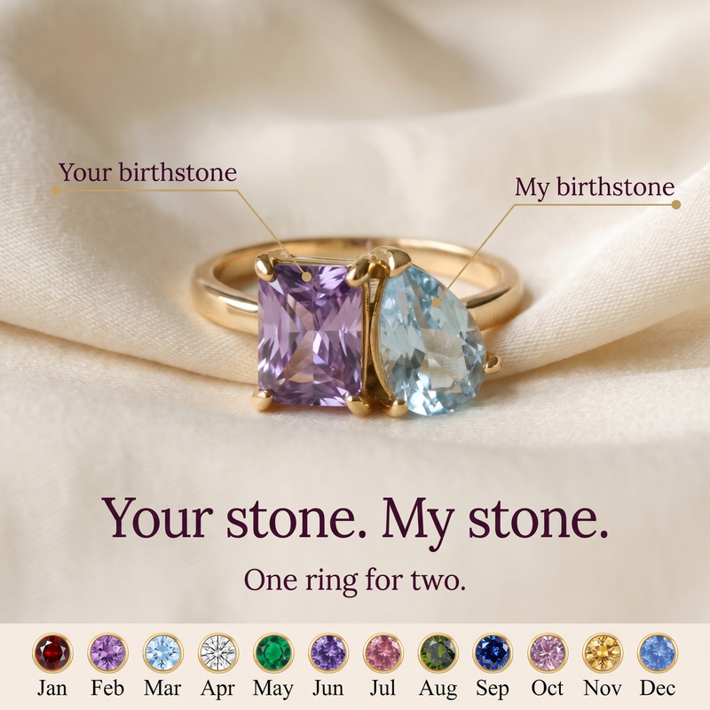 Gold ring with a purple rectangular birthstone and a light blue pear-shaped birthstone side by side, headline Your stone. My stone.