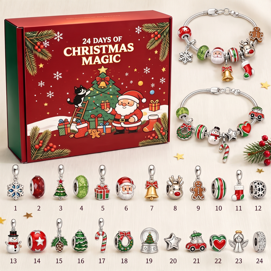 The Santa advent calendar box, its two charm bracelets and the 24 charms