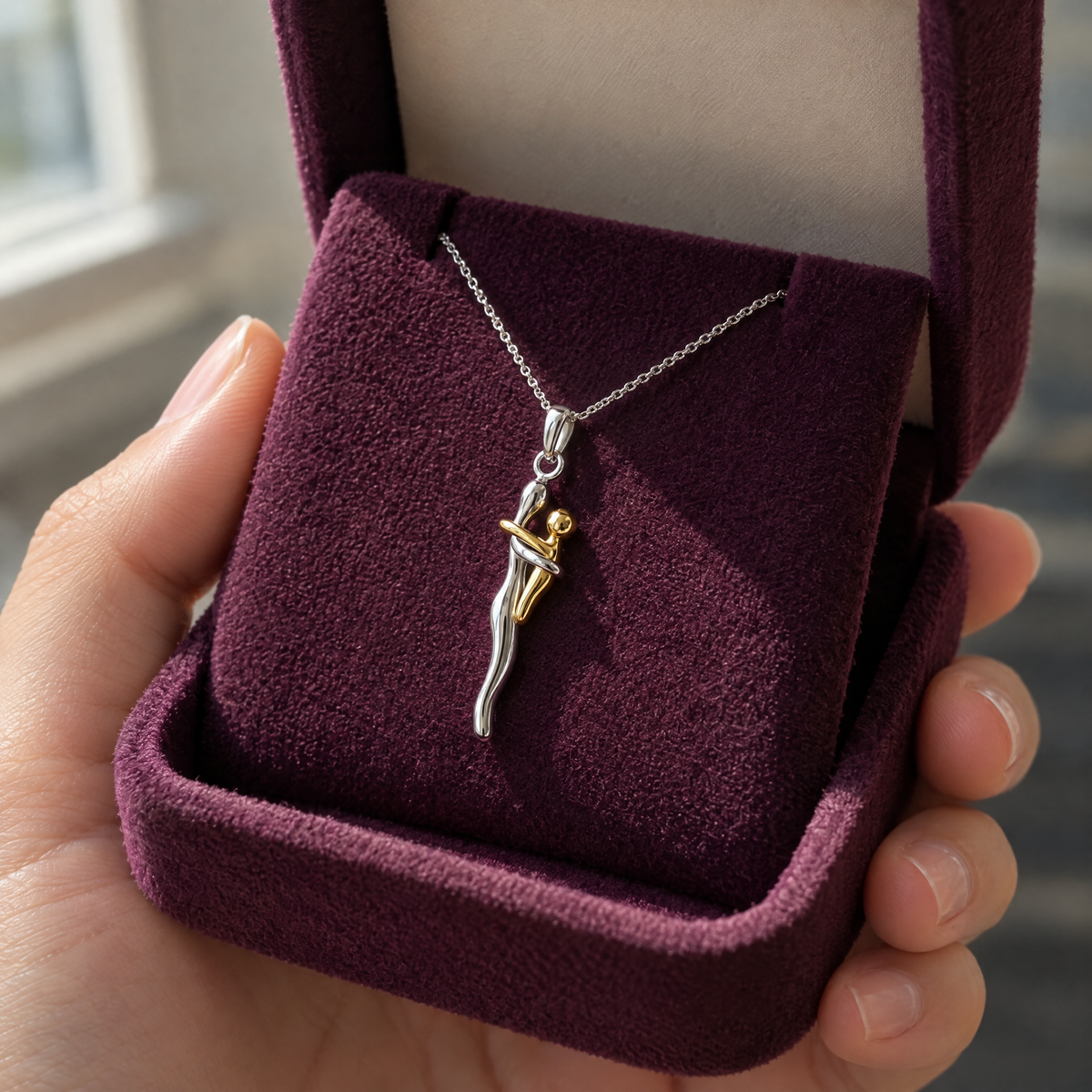 A hand holding the open plum gift box with the hug necklace inside