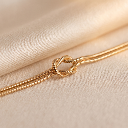 Macro view of the flat centre knot on the gold snake chain