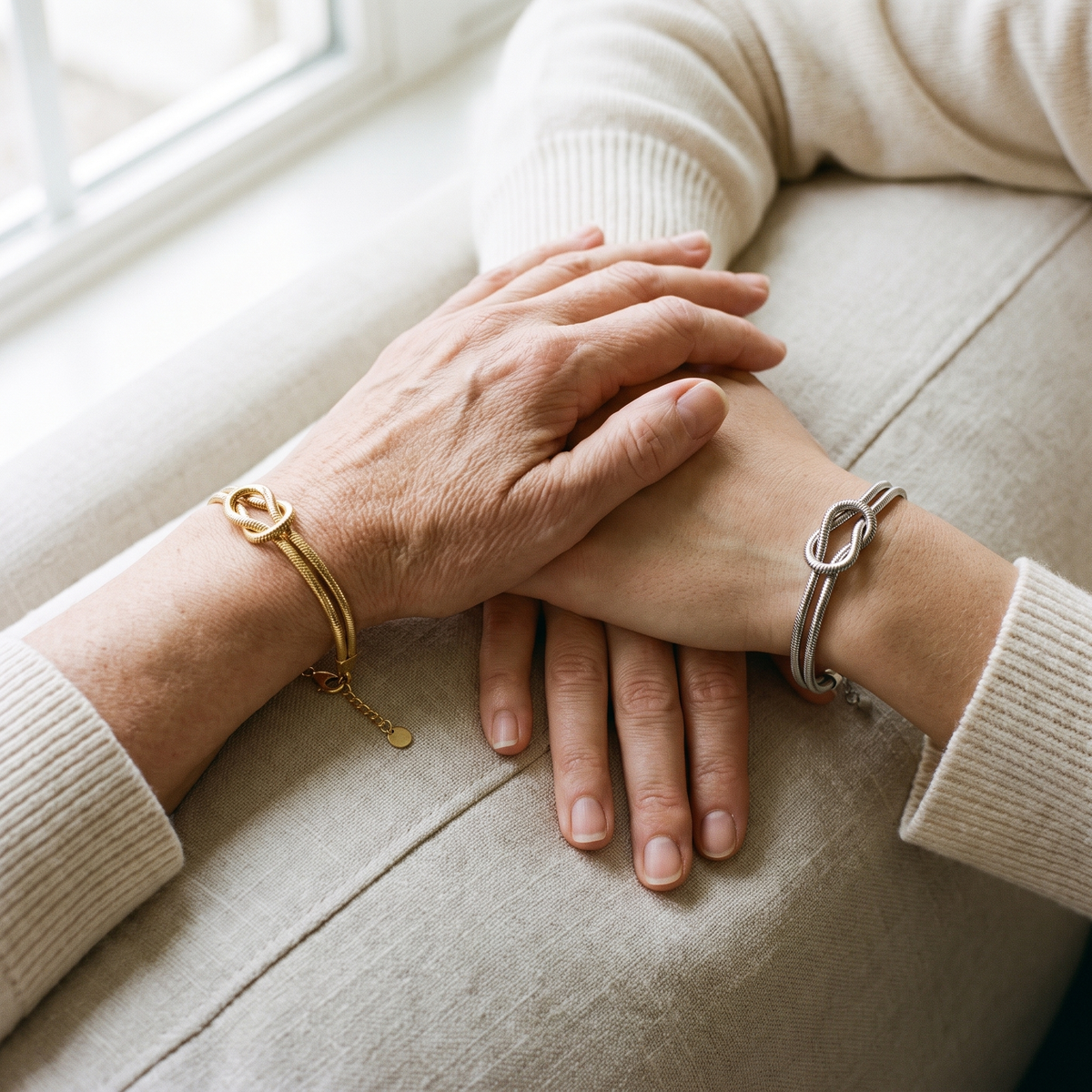 An older woman and a younger woman with their hands together, one wearing the gold bracelet and one the silver