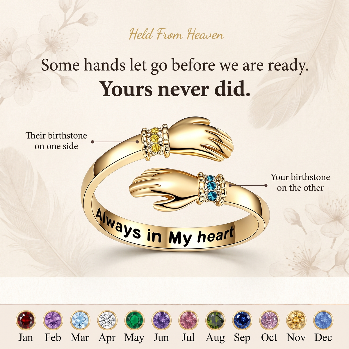 Gold ring shaped as two hands clasping, with a birthstone row at each wrist and the twelve birth months shown below