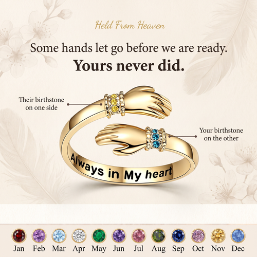 Gold ring shaped as two hands clasping, with a birthstone row at each wrist and the twelve birth months shown below