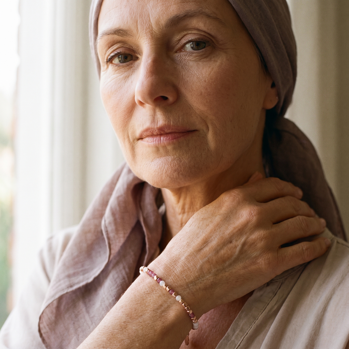 Woman wearing the pink tourmaline Morse code bracelet on her wrist