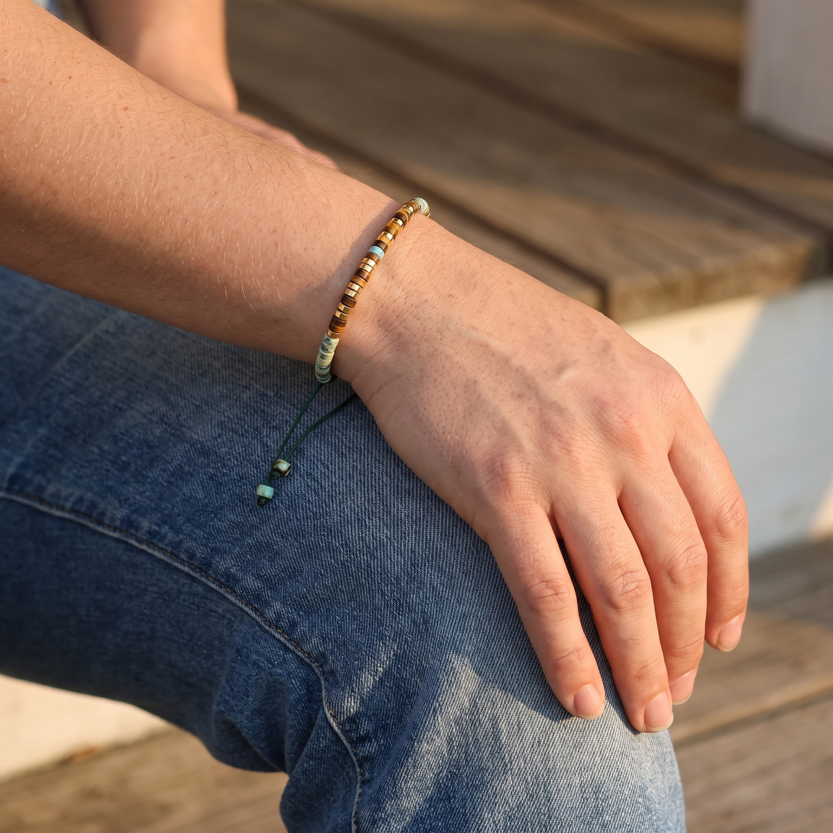The bracelet worn on a man's wrist