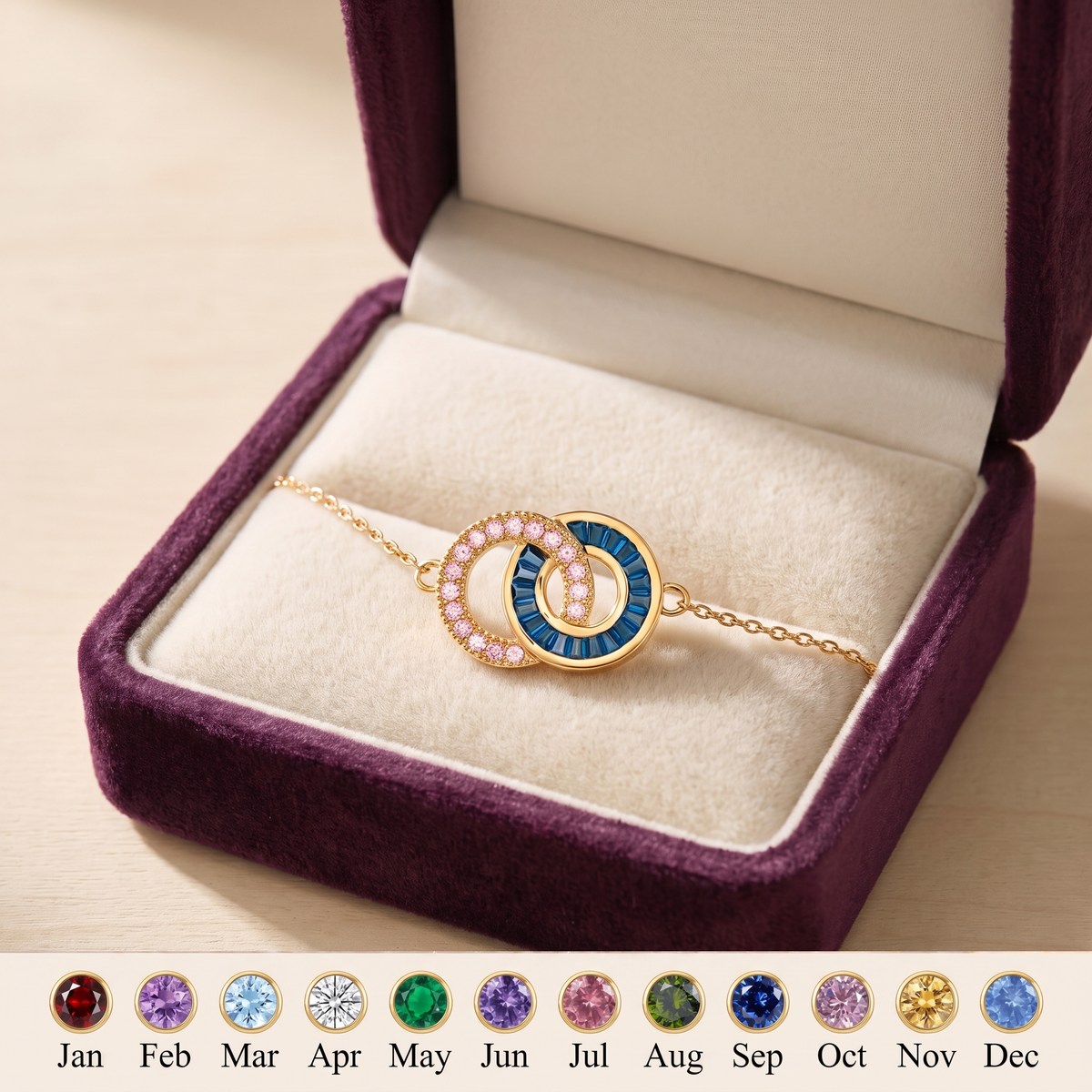 Two Circles, One Bond in its plum velvet gift box