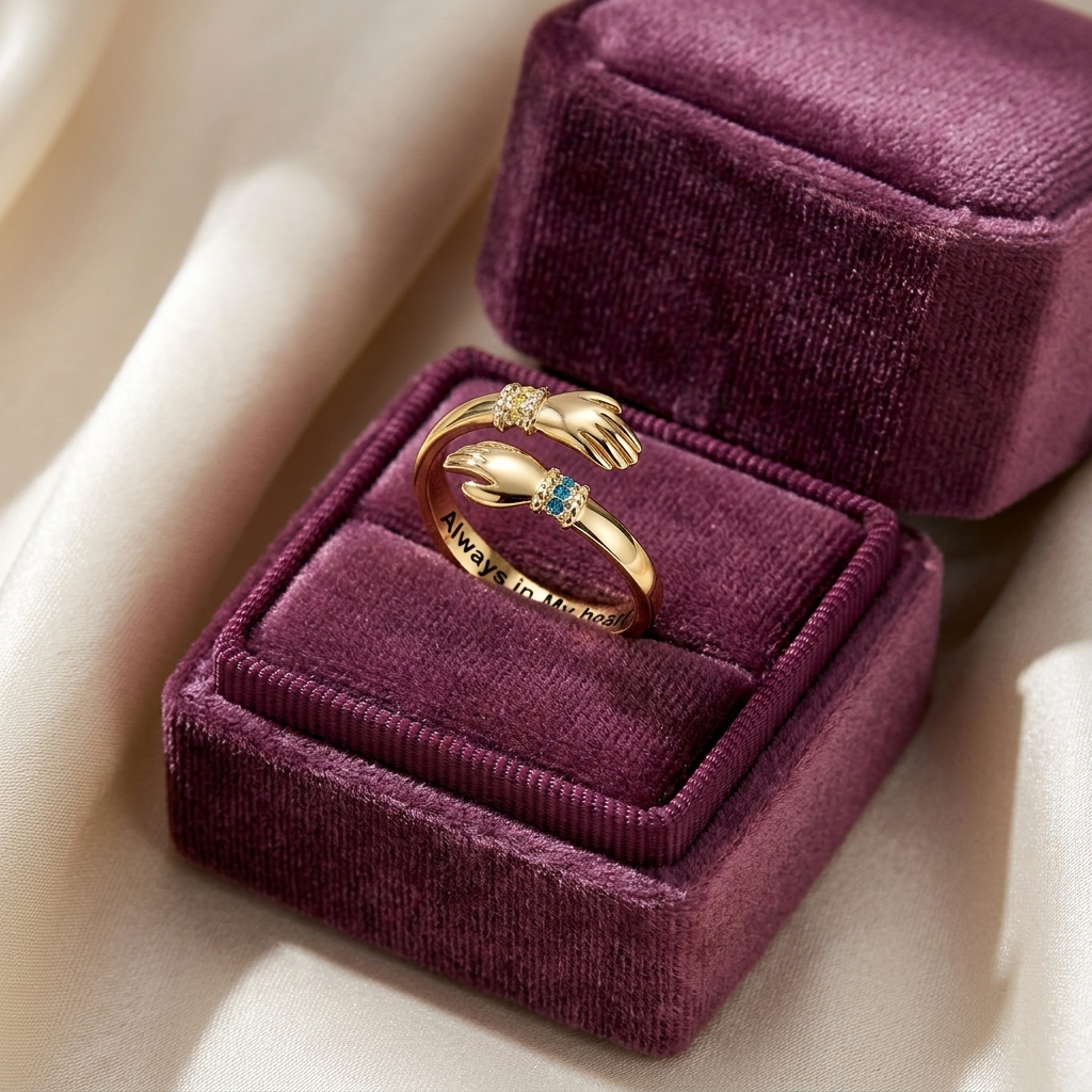 The ring in its plum velvet gift box on cream cloth