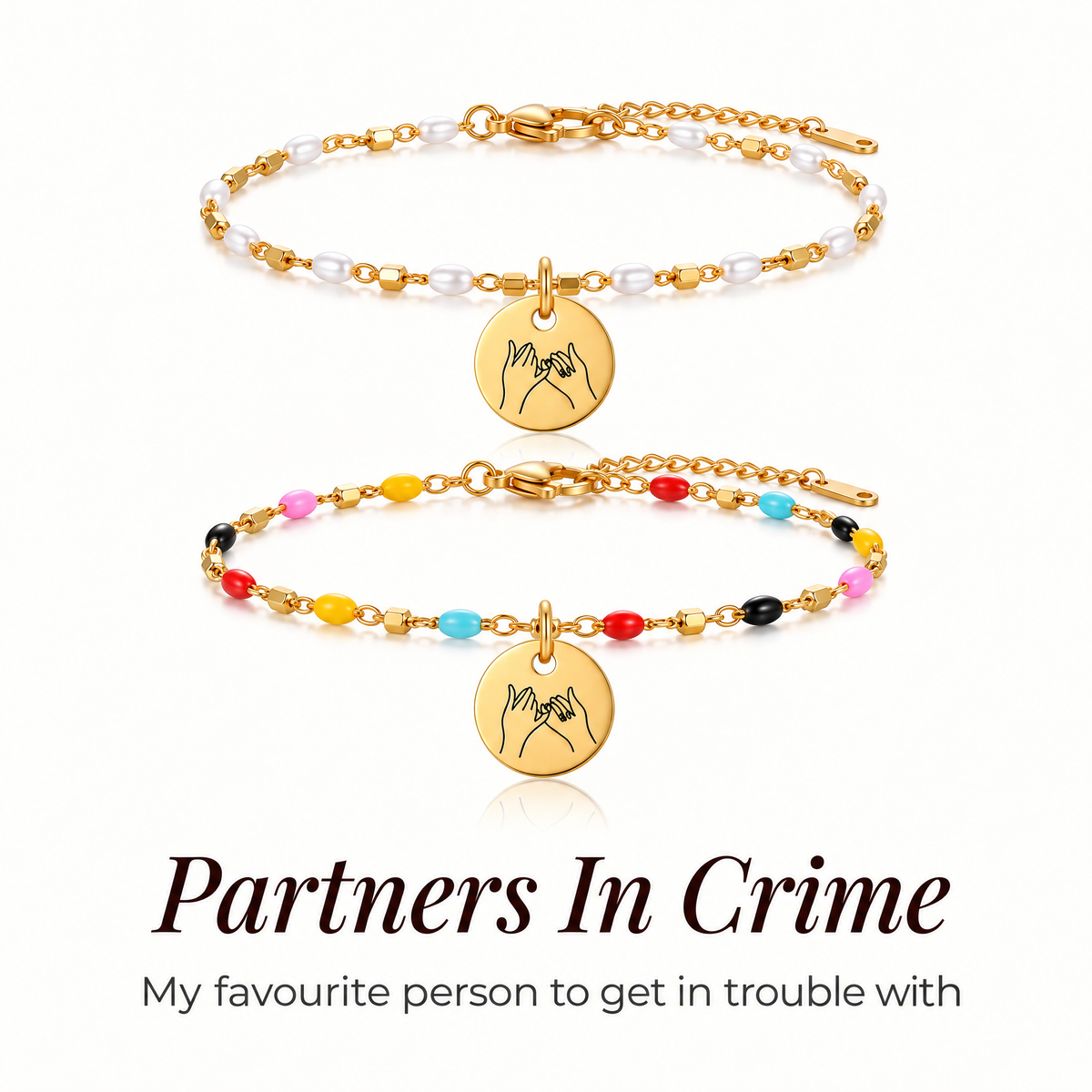 Partners In Crime: the pearl white and multicolor pinky swear bracelets