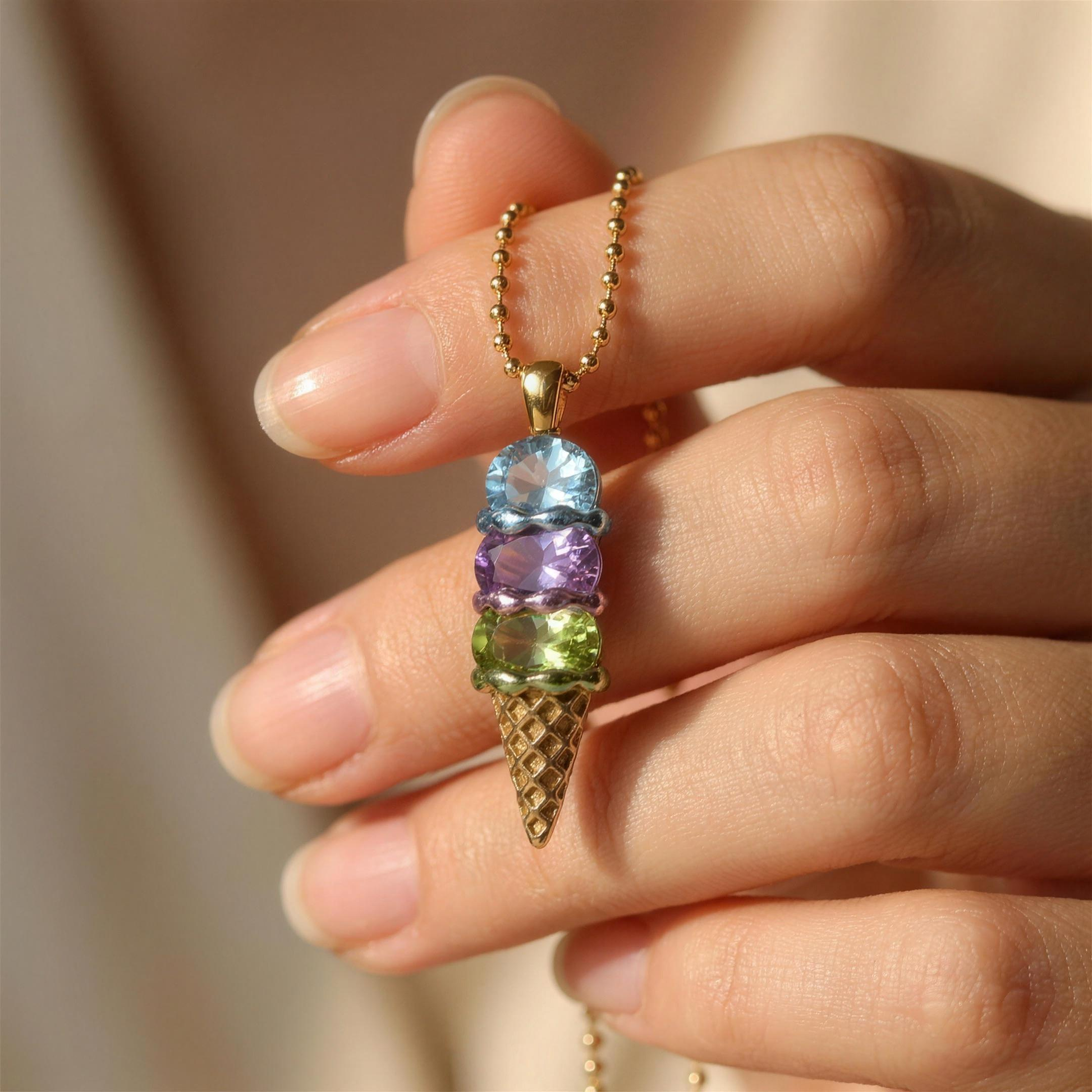 Never Melts — Mother's Ice Cream Birthstone Necklace held in hand