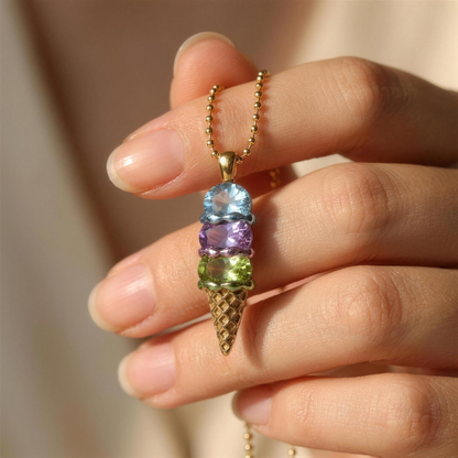 Never Melts — Mother's Ice Cream Birthstone Necklace held in hand
