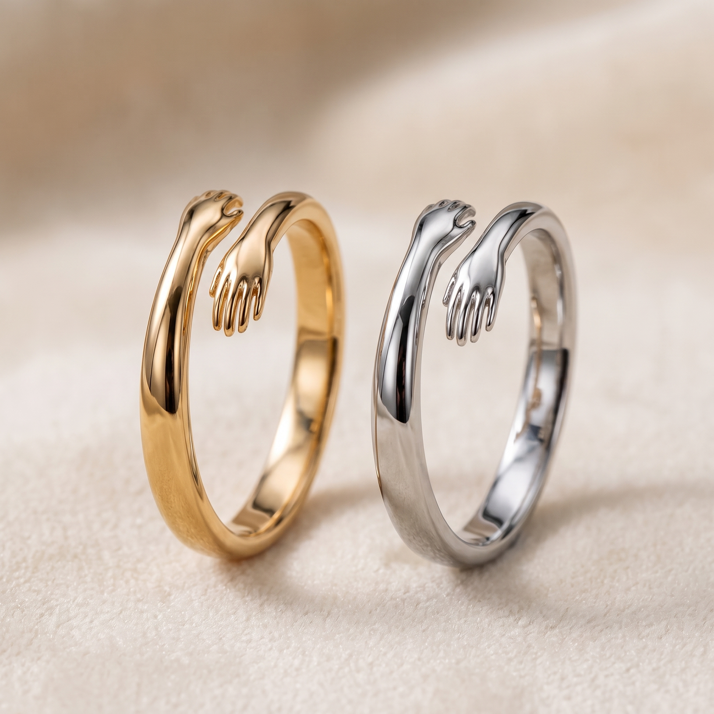 Hug ring shown in gold and silver side by side