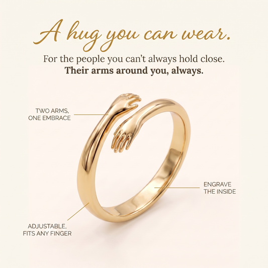 Gold hug ring with two arms embracing the finger, headline A hug you can wear