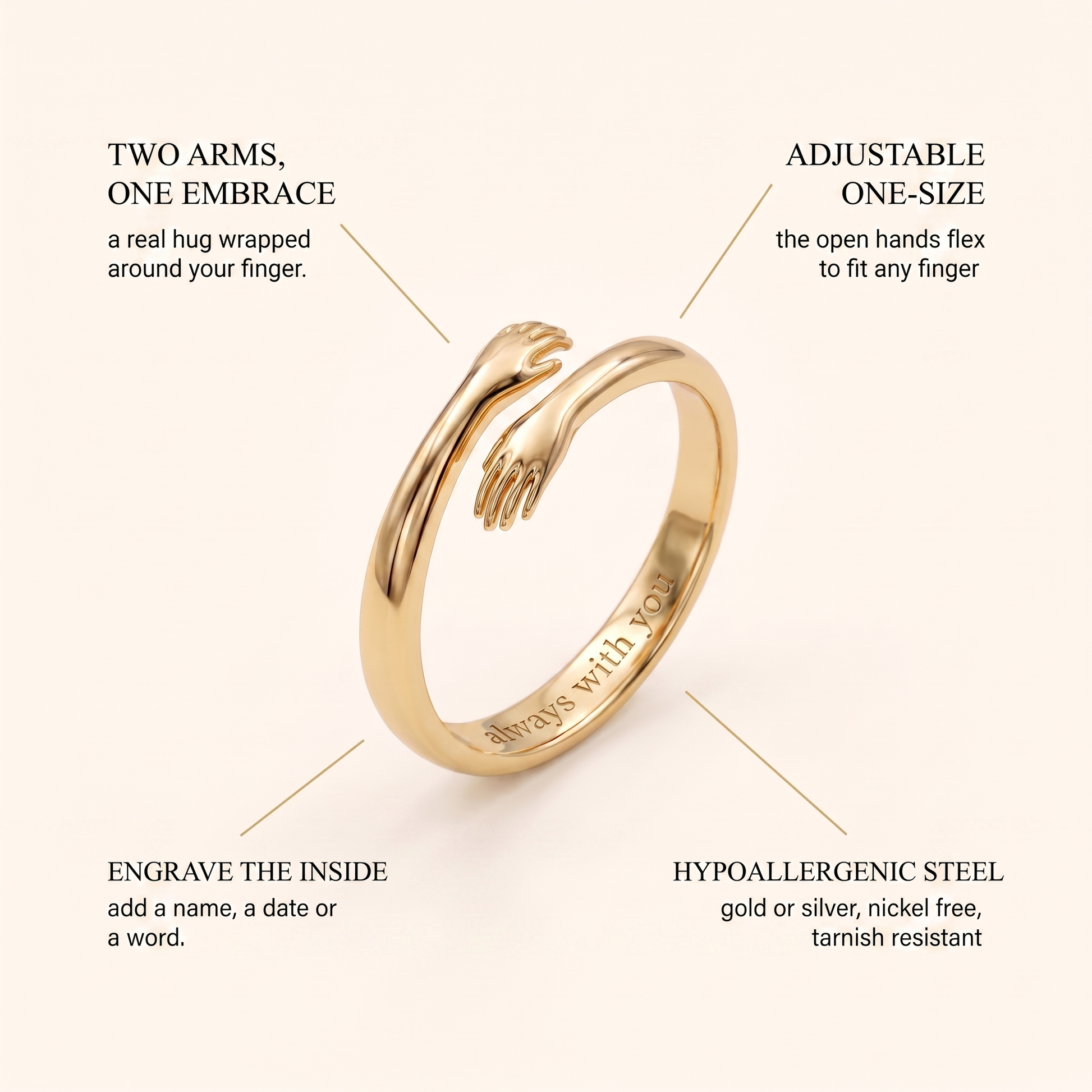 Hug ring features: two arms one embrace, adjustable one-size, engrave the inside, hypoallergenic steel